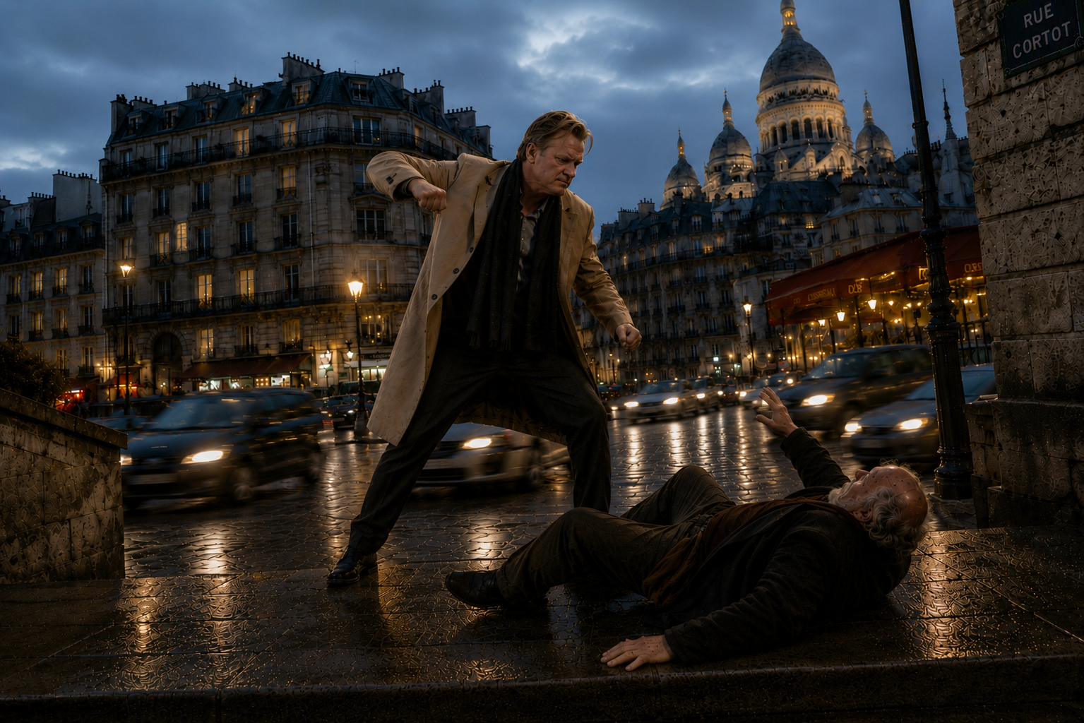 Christopher Nolan while drawing back his fist to punch an old man.