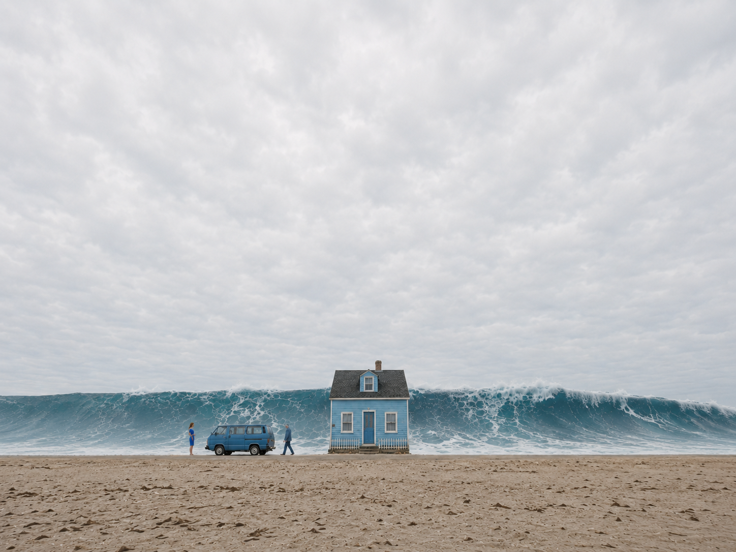 A red-haired woman in a tight electric-blue dress next to a van. An old fisherman walking toward the woman leaving a blue house behind him. He is also dressed in blue. The sea is tumultuous, and a three-meter-high wave is about to crash against the house.